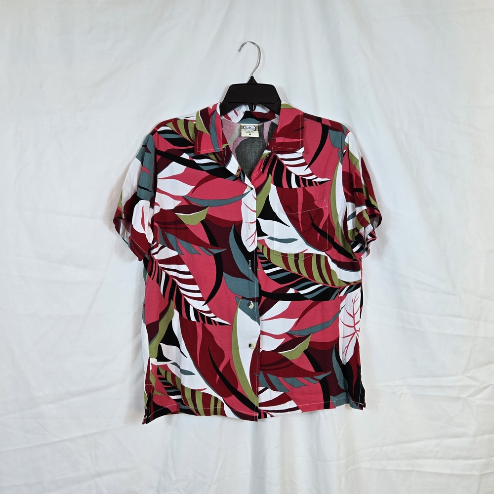 Go Barefoot Women's Red‎ White Abstract Leaf Print Short Sleeve Hawaiian Shirt M